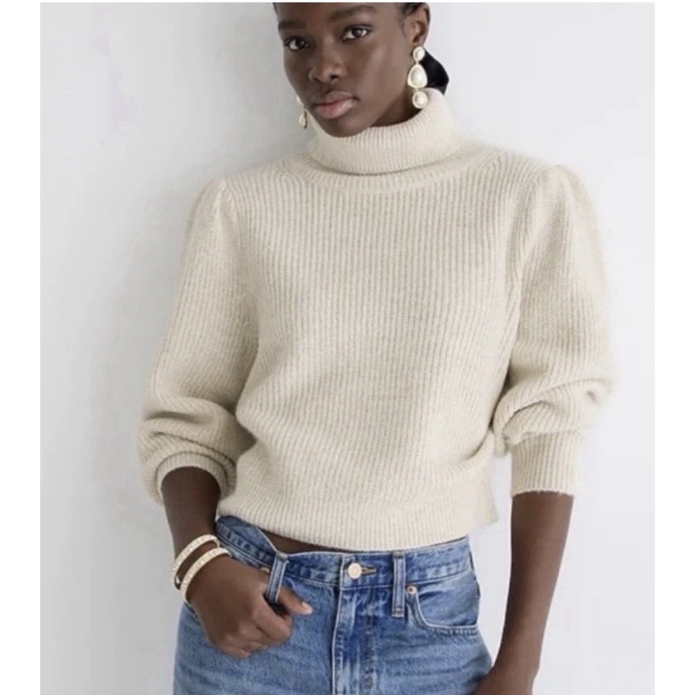 J.Crew Women's Beige Cropped Puff Sleeve Turtleneck Sweater Alpaca Cozy Size XL